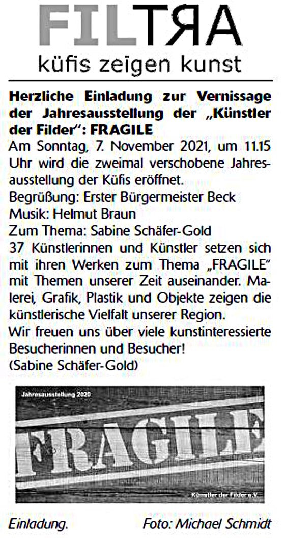 Ausstellungsankündigung im Amtsblatt Filderstadt vom 5. November 2021