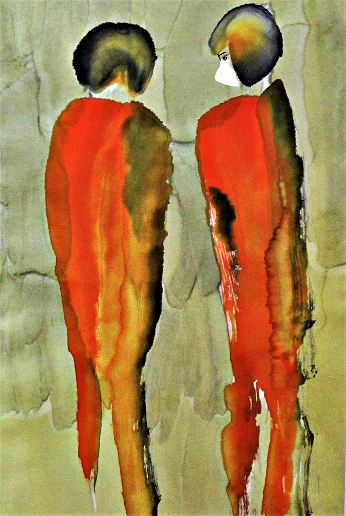 Gerhilt Braun: Zwei Damen aus zwei Haushalten, Farbige Tusche auf Papier, 60 x 40 cm
