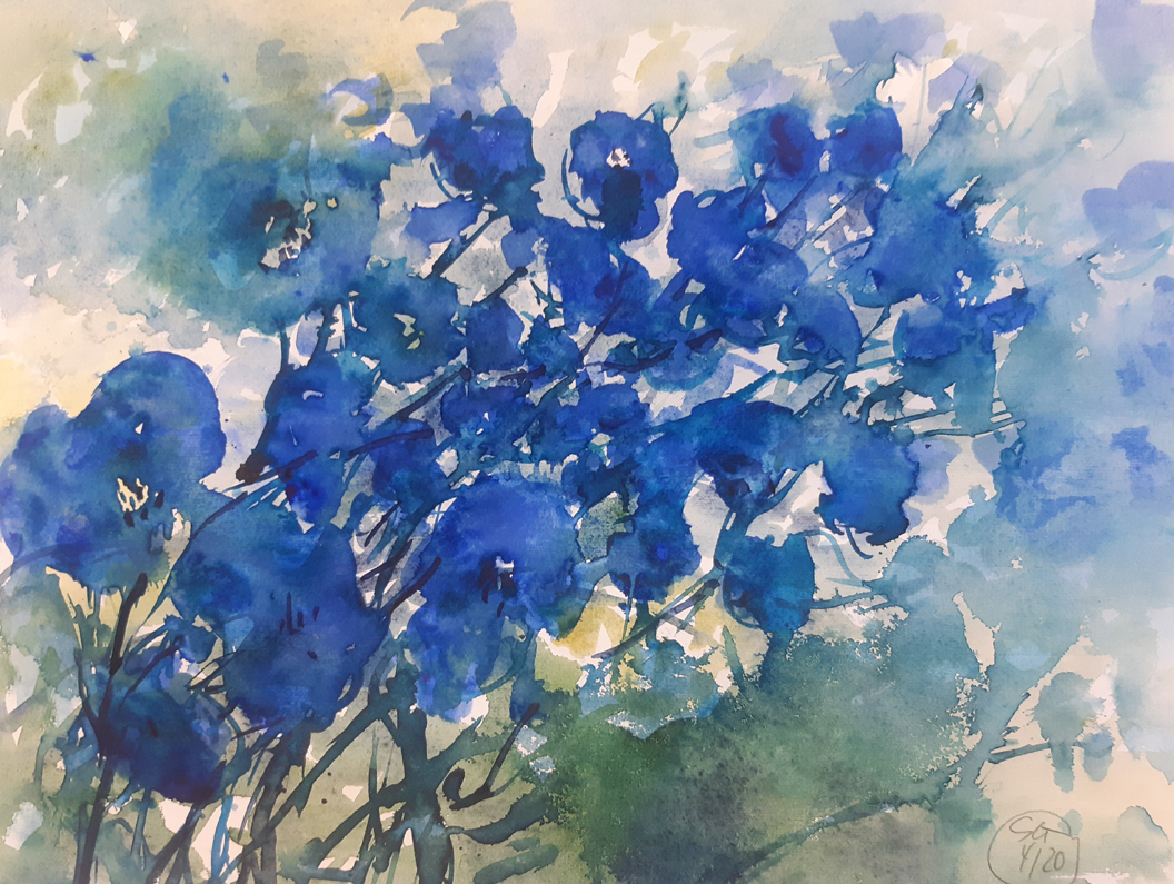 Sabine Schäfer-Gold: Blaue Blumen, Aquarell, 30 x 40 cm