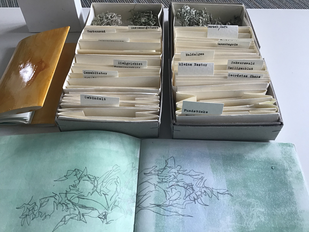 Simone Schäffer: Das Geflecht-Archiv, Fundstücke, Kartonschachteln, 2 Bücher mit Druck und Zeichnung
