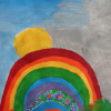 Ulrich Bessing: Sie erzählt uns das Blaue vom Himmel, Acryl auf Karton mit Wachspastell-Kreide, 50 × 60 cm (Bildausschnitt 33 × 45 cm)