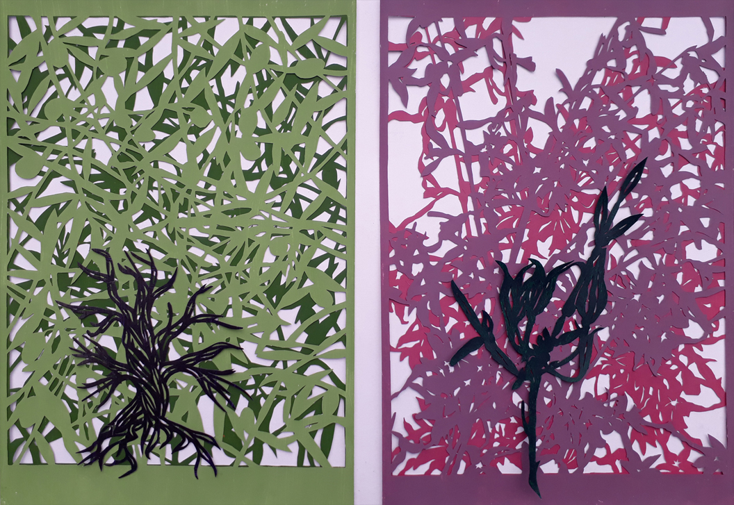 Ulrike Saremba:  1. Serie: Bunte Schatten - Olive, 2. Serie: Bunte Schatten - Forsythia, Scherenschnitt, acrylgefärbtes Papier, 30 x 20 cm