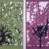 Ulrike Saremba:  1. Serie: Bunte Schatten - Olive, 2. Serie: Bunte Schatten - Forsythia, Scherenschnitt, acrylgefärbtes Papier, 30 x 20 cm